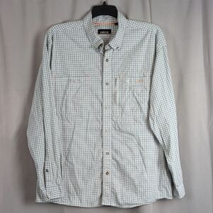 Orvis Men's Light Blue and White Plaid Button Down Shirt River Guide Long Sleeve
